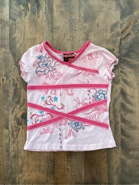 Girls Pink Floral Graphic Tee with Ribbon Trim
